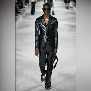 Versace strap detail black lamb leather jacket SS22 runway NWT